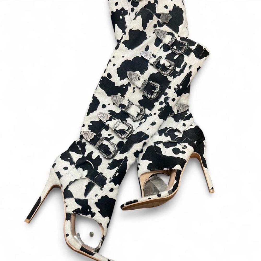 Cape Robbin Black & White Cow-Print Open-Toe Stiletto Boots